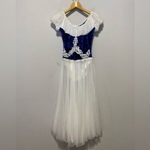 Art Stone Dance Costume Dress White Tulle/Blue Velour Embellished Med Adult